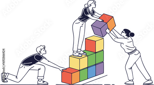 Teamwork and collaboration building blocks success staircase people working together strategy growth achievement concept