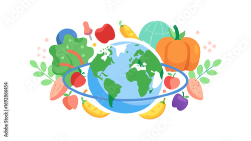 Healthy planet earth surrounded by fresh fruits and vegetables