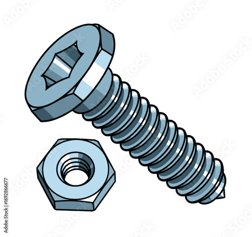 Blue Screw and Hex Nut on White Background