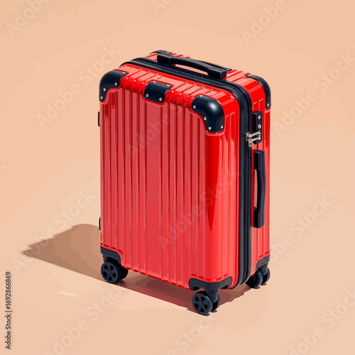 Bright Red Suitcase on Warm Beige Background, Modern Travel Essentials