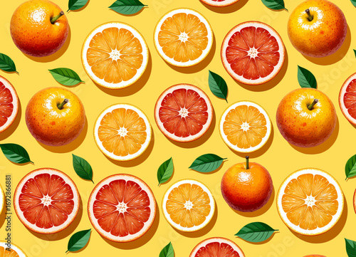 Bright Citrus Pattern: Apples and Oranges on Yellow Background