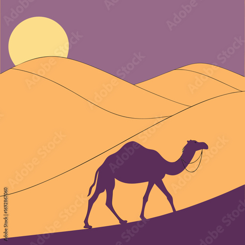 Silhouette of a camel walking across a vast desert landscape at sunset rendered as a clean vector graphic