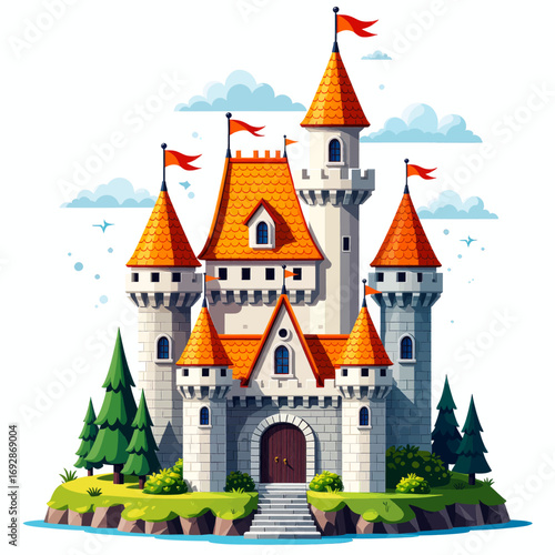 Enchanted Castle in Forest with Orange Roofs and Red Flags