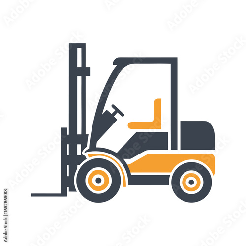 Flat design forklift truck icon in dark gray and orange on white background vehicle industrial