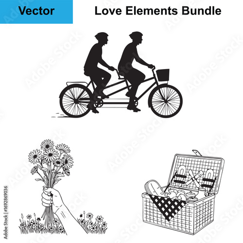 Bicycle Tandem Flower Pick Picnic Hamper Silhouette Love Vector Bundle