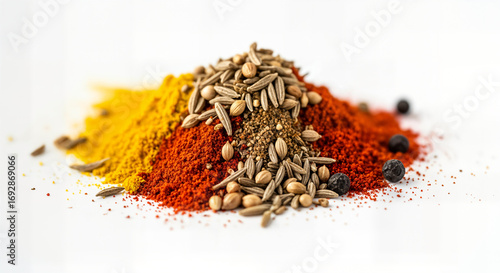 A vibrant pile of colorful spices including turmeric, paprika, and cumin seeds, isolated on white background