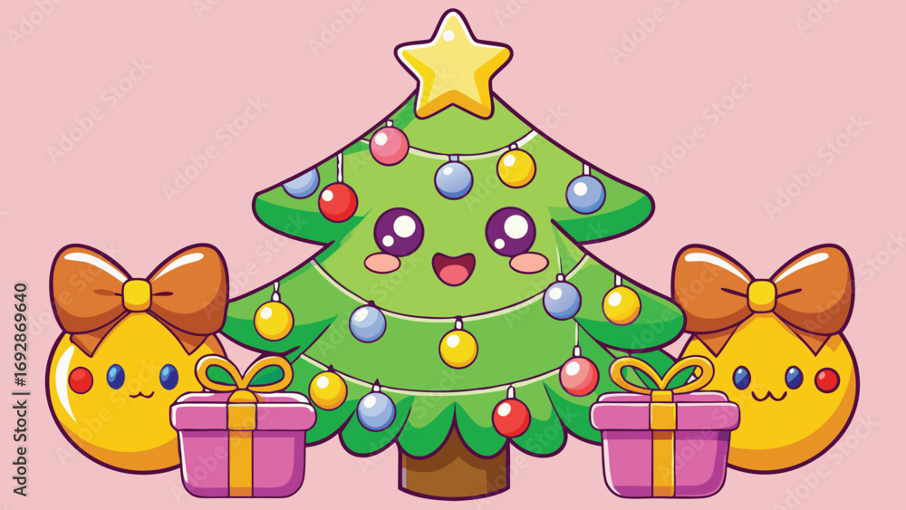 Obraz premium Cute kawaii christmas tree with adorable yellow chick characters and gifts festive holiday celebration