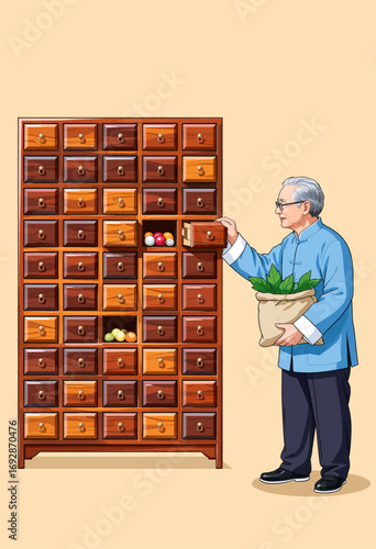 Herbalist Selects Remedies from Wooden Cabinet