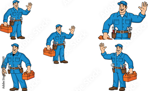 Cartoon handyman character in blue uniform holding toolbox and tools, professional technician poses for maintenance, repair, construction, service illustration set