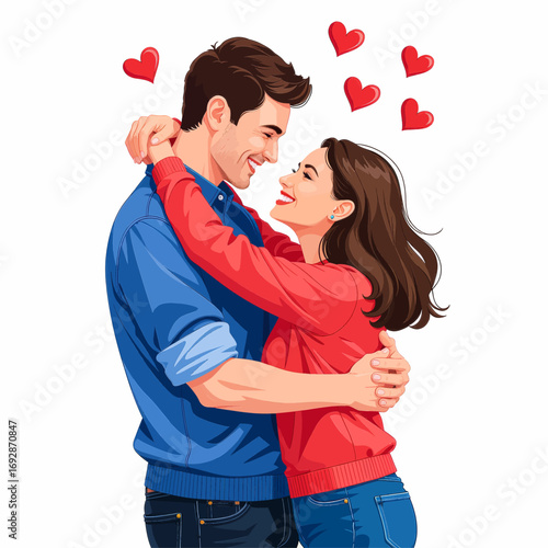 Loving Couple Embracing with Hearts in Winter