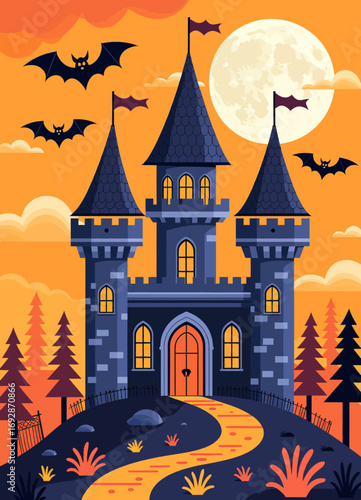 Haunted Castle at Dusk with Bats and Full Moon