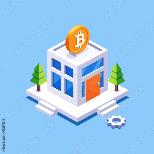 Modern Crypto House with Bitcoin Symbol and Gears