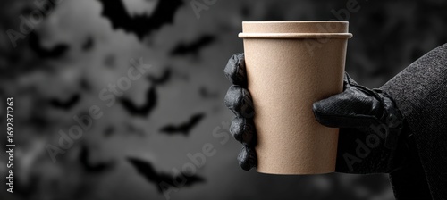 Halloween-Themed Paper Coffee Cup Mockup with Witch Glove and Bats