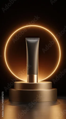 Fototapeta Sleek black tube stands prominently circular pedestal, illuminated by warm golden gradient arc dark setting, creating striking visual contrast. elegant design evokes sense of luxury