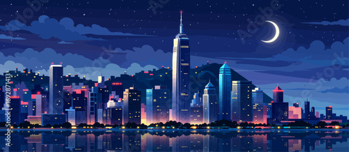 Nighttime Cityscape Reflection: Serene Skyline under Moonlit Sky