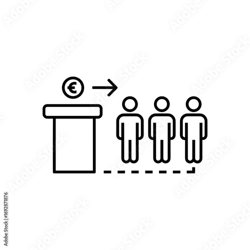 Queue at the bank with people waiting for service, minimalistic line art on transparent background, copy space