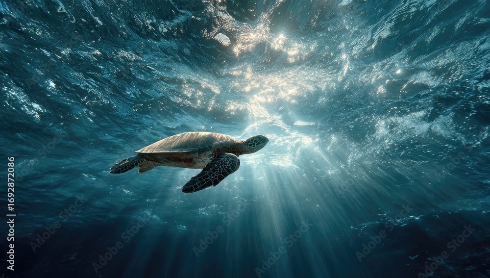 Naklejka premium Sea turtle swimming underwater, sunbeams