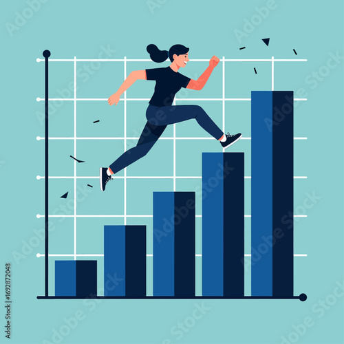 Progressive Growth: Woman Running Up Bar Graph Steps