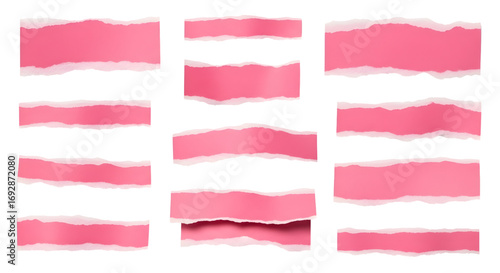 SET OF pink ripped paper torn edges strips isolated on white