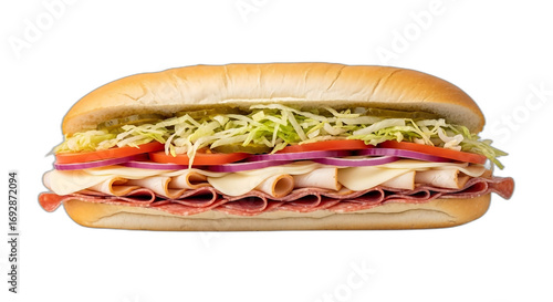 A fully loaded sub sandwich on a black background