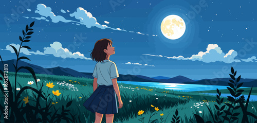 Serene Night in Meadow Under Full Moon