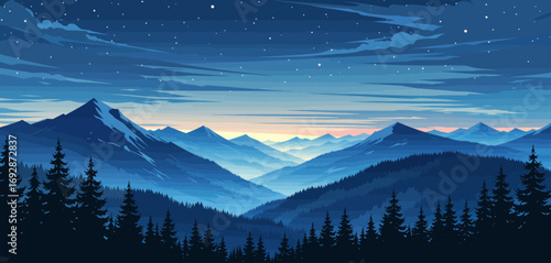 Serene Mountain Night with Pine Trees and Stars