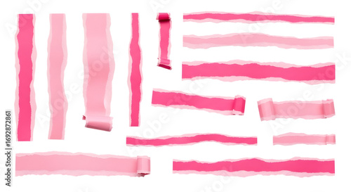 SET OF pink ripped paper torn edges strips isolated on white