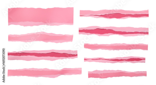 SET OF pink ripped paper torn edges strips isolated on white