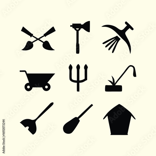 Creative black silhouette icons representing farming and gardening tools and structures