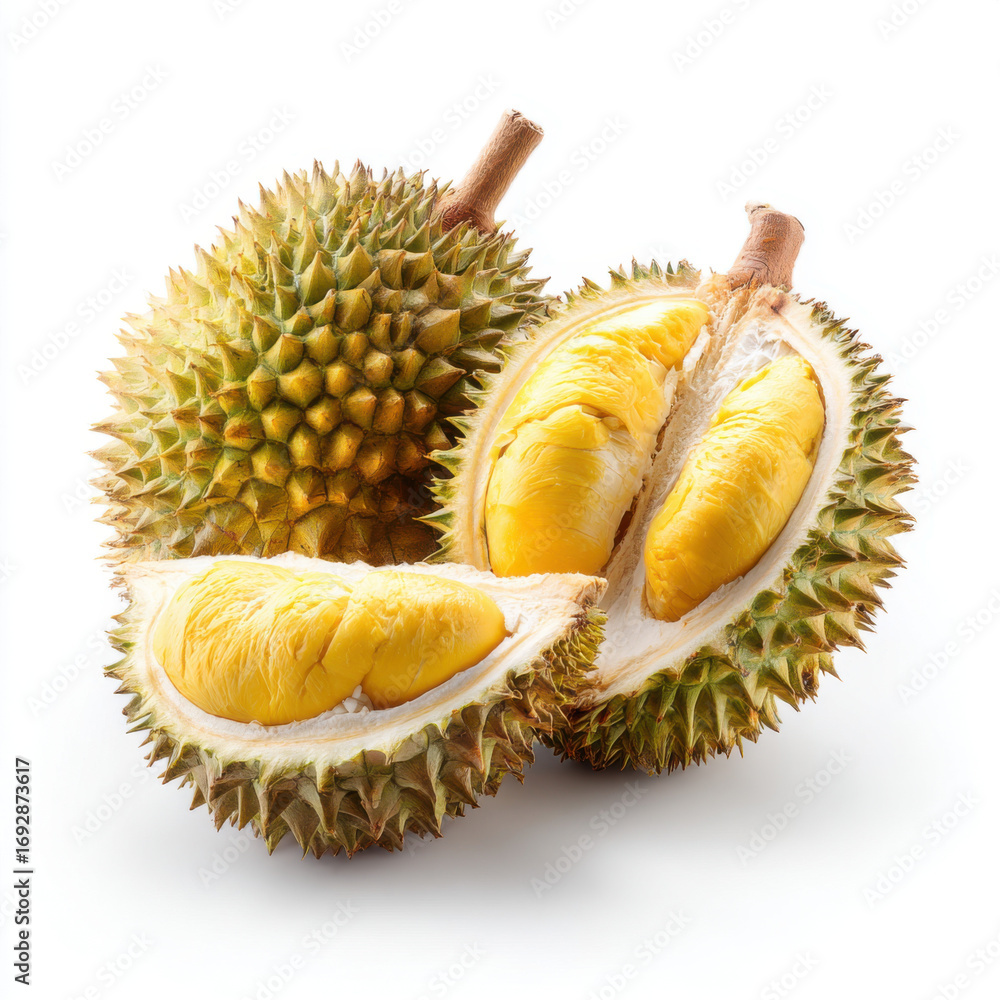 Fototapeta premium Durian Fruit Display, Whole and Cut on White Background