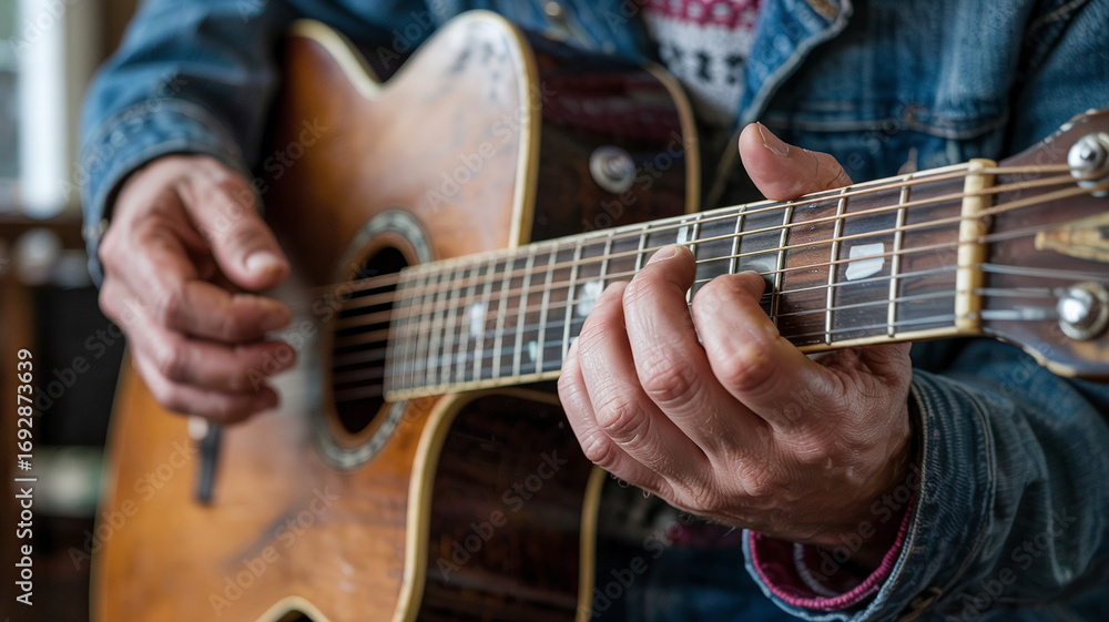 Fototapeta premium Her fingers stumble over chords on the worn fretboar