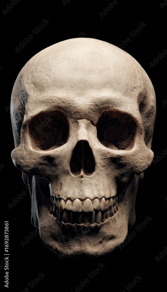 Fototapeta premium Realistic Human Skull on Black Background with Subtle Lighting