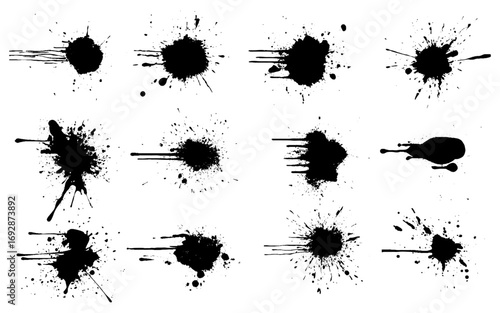 Black ink splatter set. Hand drawn spray design elements. Big paint splash collection.