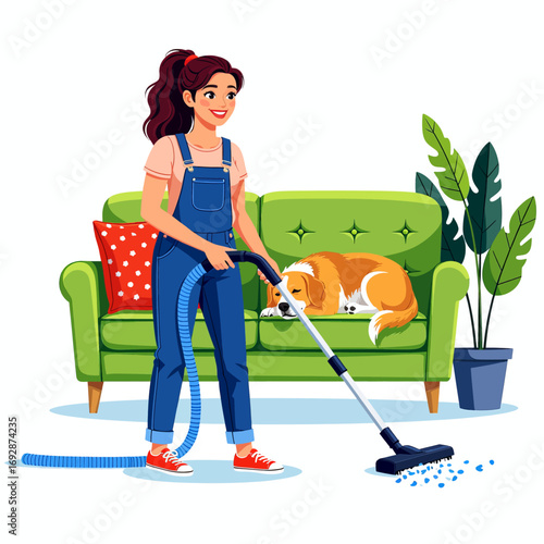 Woman Vacuuming Cozy Living Room with Sleeping Dog