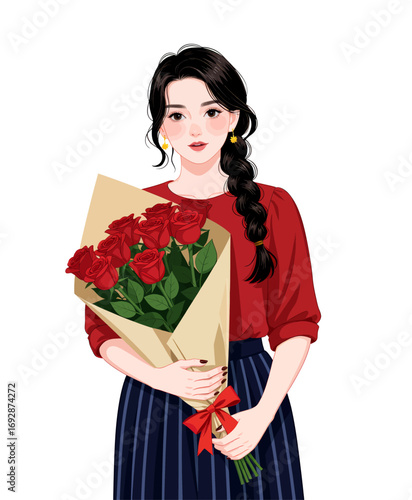 Young Woman Holding Bouquet of Red Roses in Winter