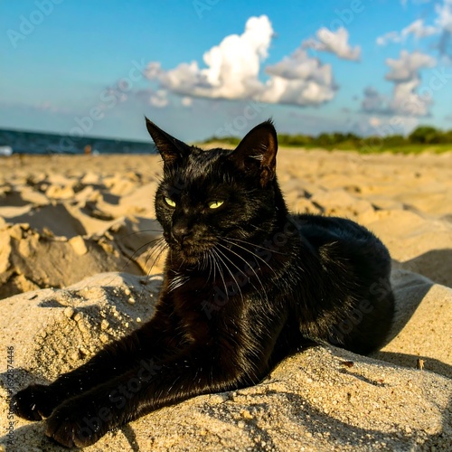 Black cat resting on sandy beach at sunset