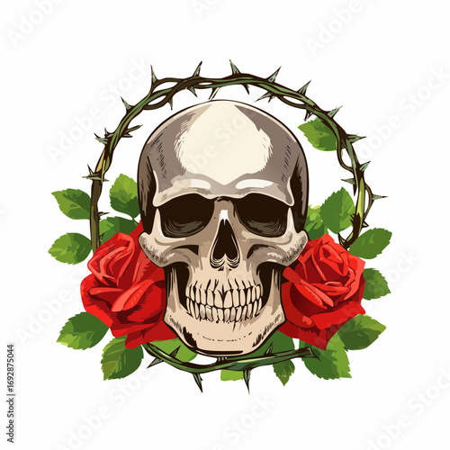 Human skull decorated with blooming roses and thorns in vector style, conveying gothic beauty and mortality.