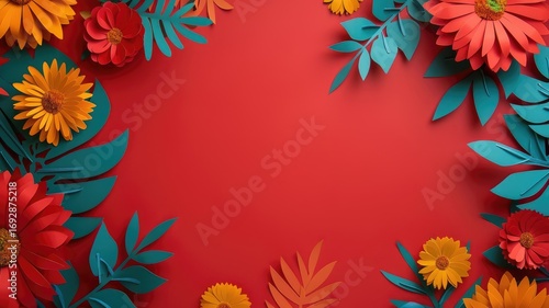 Brightly colored paper flowers and lush leaves on a vibrant red background