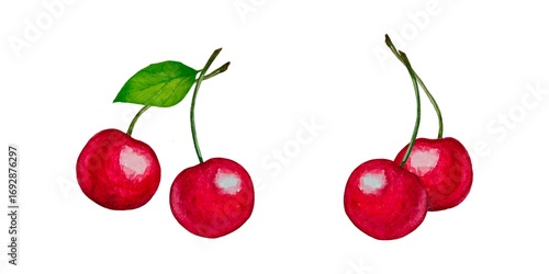 Set of watercolor illustrations with branches of juicy red two cherries green leaves on a white background.