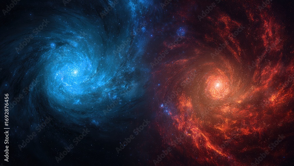 Obraz premium Two swirling galaxies, vibrant blue and fiery orange-red, collide in a deep space