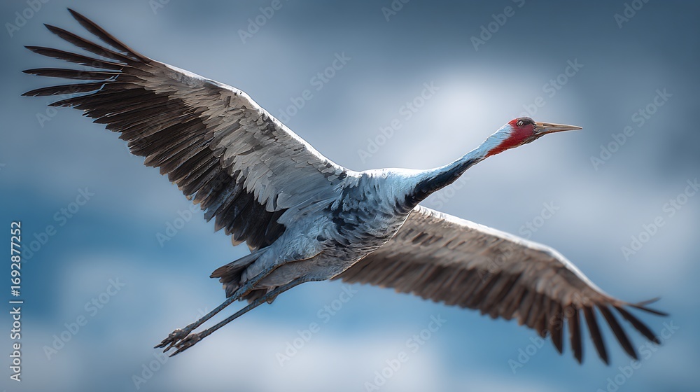 Fototapeta premium Ultra realistic crane soaring high aerial wide angle perspective showing expansive sky backdrop lifelike wildlife detail