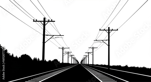 Black and white railway tracks with electric poles vector design. High-contrast railway tracks and power lines silhouettes vector. Silhouette train tracks and utility poles vector