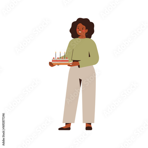 african american woman holds birthday cake with three candles. Happy girl celebrating anniversary or some significant date. tasty sweet bakery concept. vector illustration