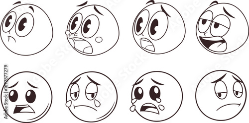 Cartoon emoji faces showing sad, crying, and worried emotions in black outline. Expressive hand-drawn icons for comics, design, and illustration. Vector set of emotional character symbols.