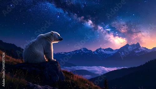 A majestic white bear sits atop a rocky outcrop, gazing toward a vibrant night sky filled with the Milky Way. Snow-capped mountains and rolling hills fill the background
