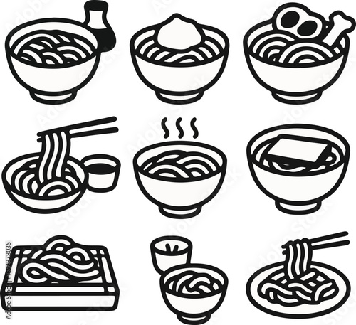 A collection of black and white line art icons depicting various types of noodle dishes in bowls, some with chopsticks and different toppings.