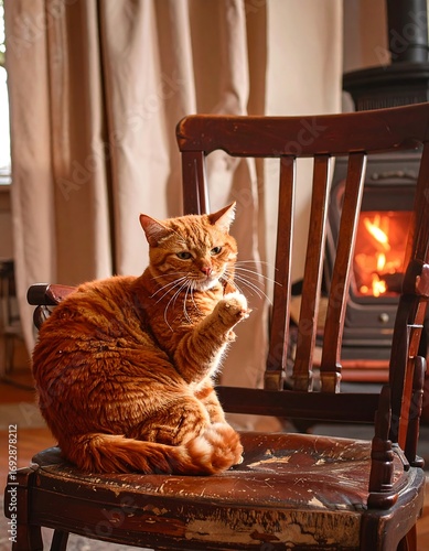 Ginger cat sits on a weathered wooden chair near a fireplace