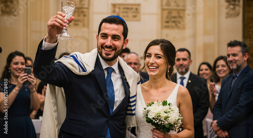A groom at a Jewish wedding raises a ritual glass to be broken in memory of the destroyed Temple