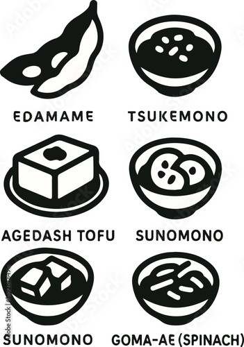 Black and white vector icons illustrating six popular Japanese side dishes including edamame, agedash tofu, and sunomono.