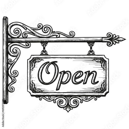 Vintage Open Sign Illustration, black and white, for business signage